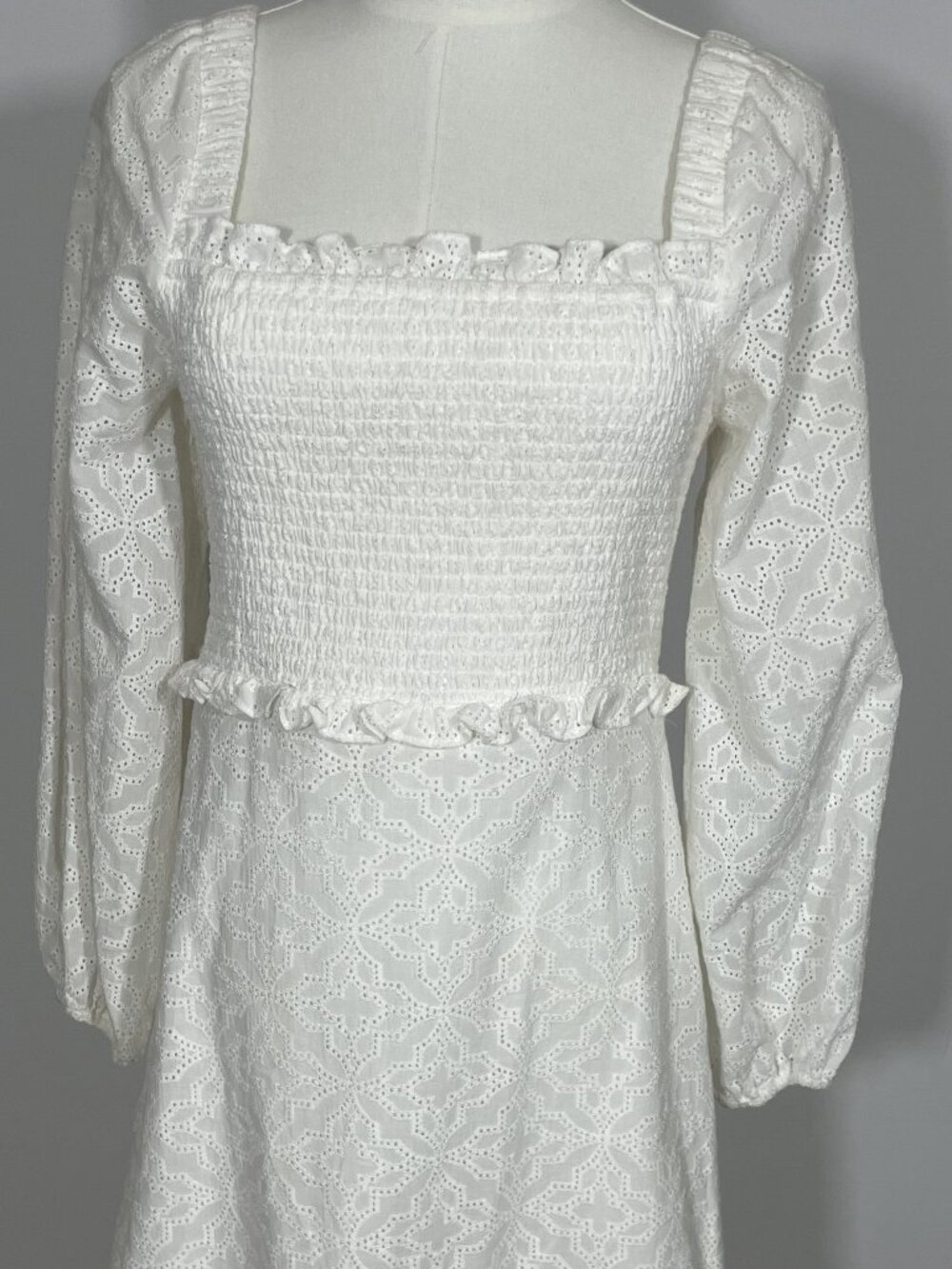 Veronica Beard White Denise Smocked Eyelet Mini Dress